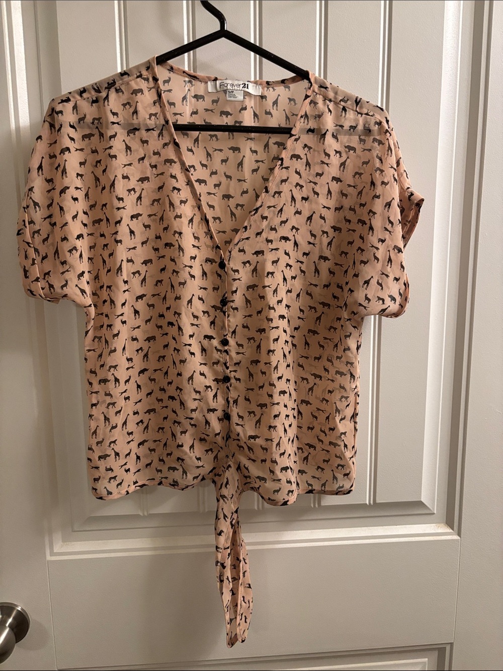 Blush Pink Tie-Front Button V-Neck Blouse with “the big five” Print